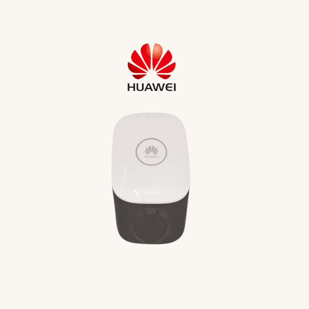 cargador huawei caja pequeña rectangular blanca por delante y negra por detrás. Es un cargador de coche eléctrico huawei