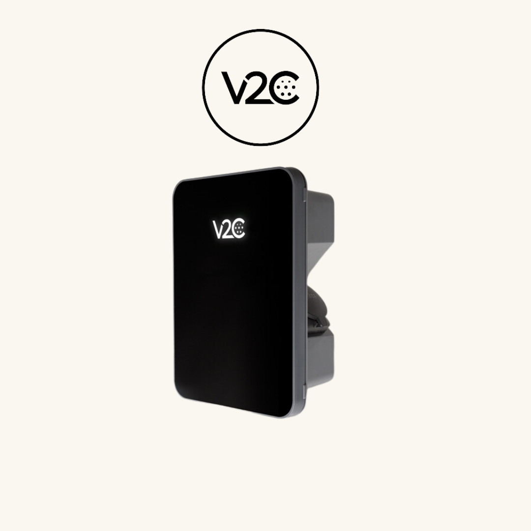 cargador v2c caja negra rectangular. Es un cargador de coche de la marca V2c